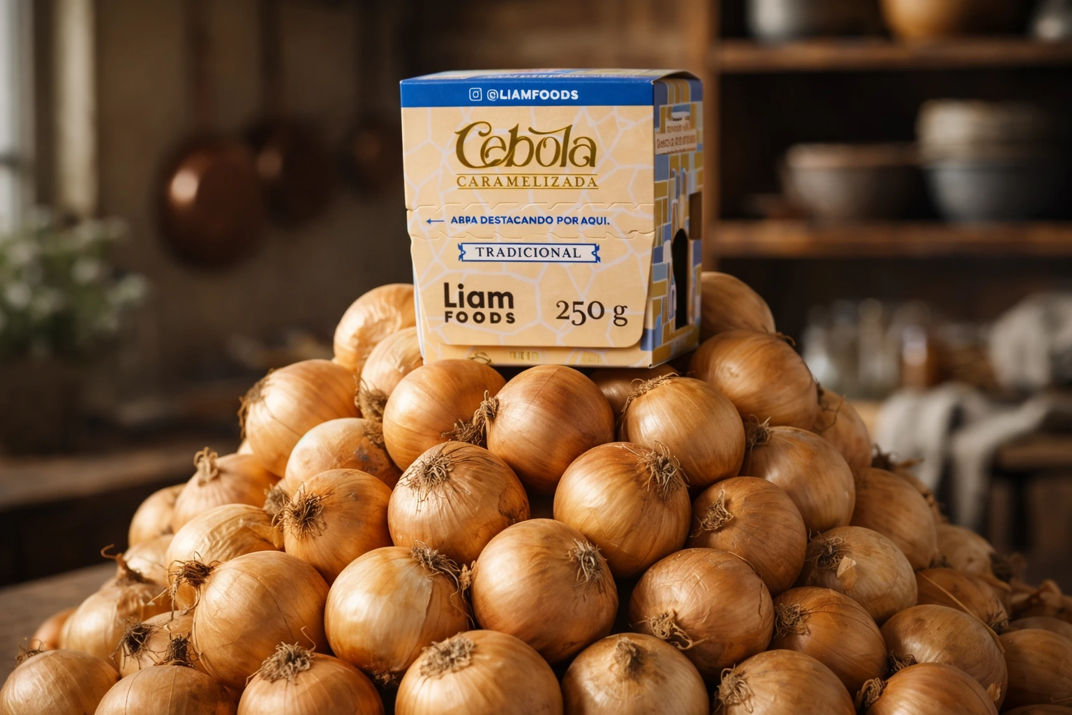 Caixa de cebola caramelizada liam foods encima de um monte de cebolas